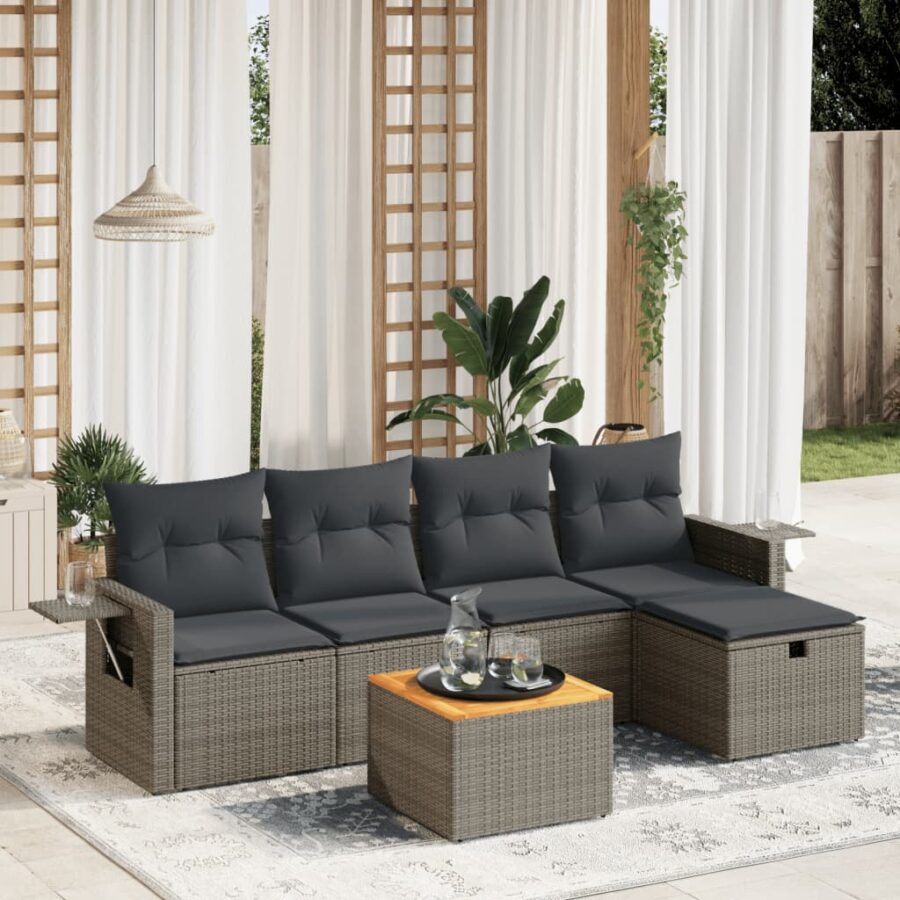 6-delige Loungeset met kussens poly rattan grijs