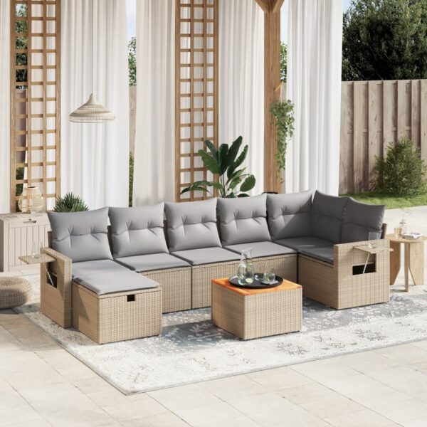 8-delige Loungeset met kussens poly rattan gemengd beige
