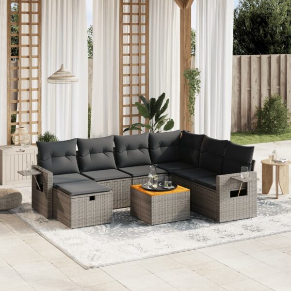 8-delige Loungeset met kussens poly rattan grijs
