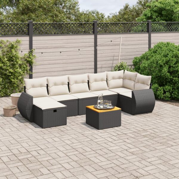 8-delige Loungeset met kussens poly rattan zwart