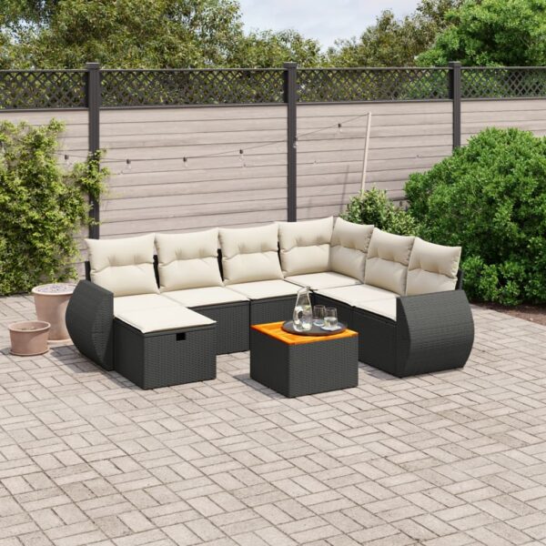 8-delige Loungeset met kussens poly rattan zwart