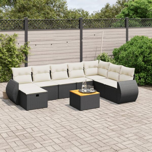 9-delige Loungeset met kussens poly rattan zwart