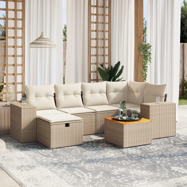 7-delige Loungeset met kussens poly rattan beige