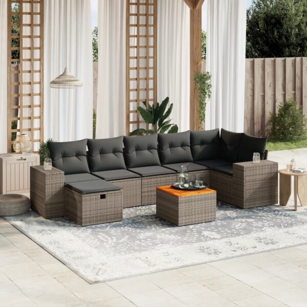 8-delige Loungeset met kussens poly rattan grijs