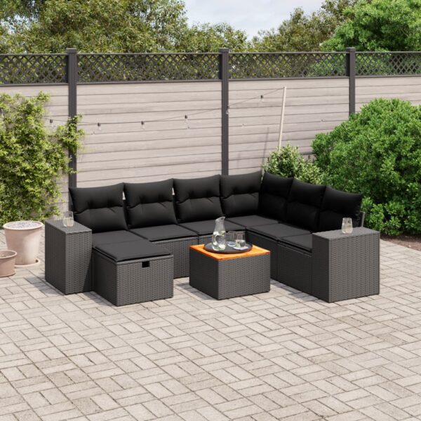 8-delige Loungeset met kussens poly rattan zwart