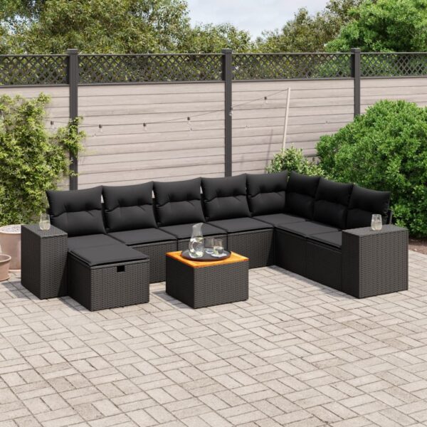 9-delige Loungeset met kussens poly rattan zwart