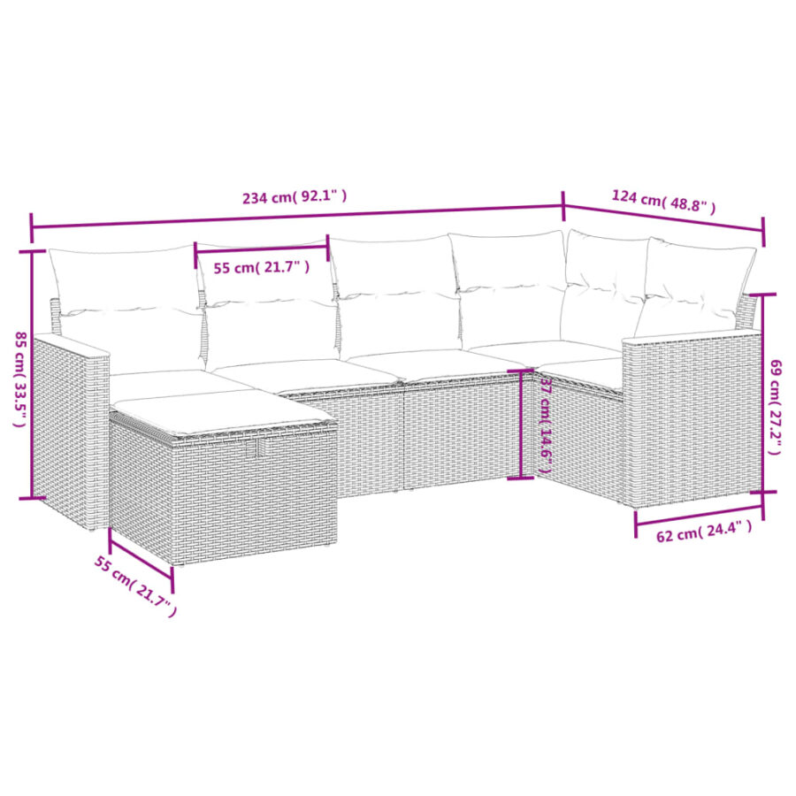 6-delige Loungeset met kussens poly rattan grijs - Afbeelding 4