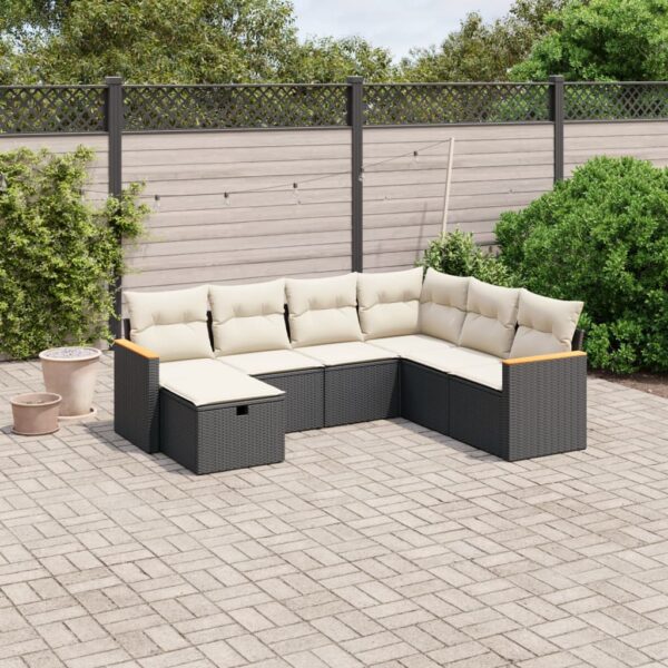 7-delige Loungeset met kussens poly rattan zwart