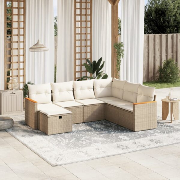7-delige Loungeset met kussens poly rattan beige