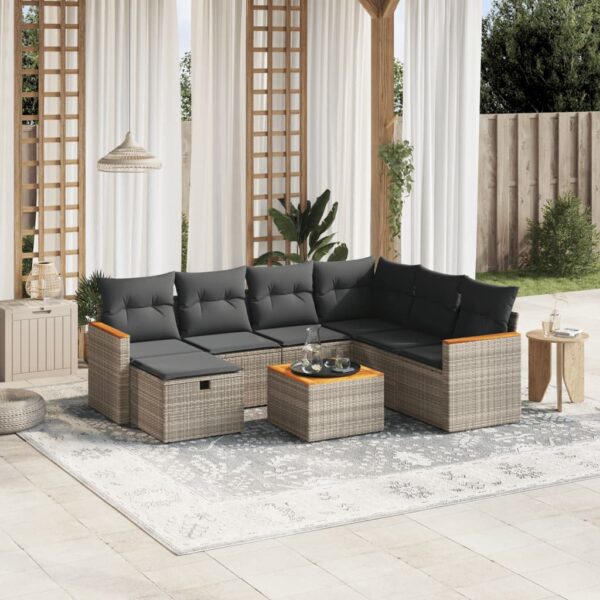 8-delige Loungeset met kussens poly rattan grijs