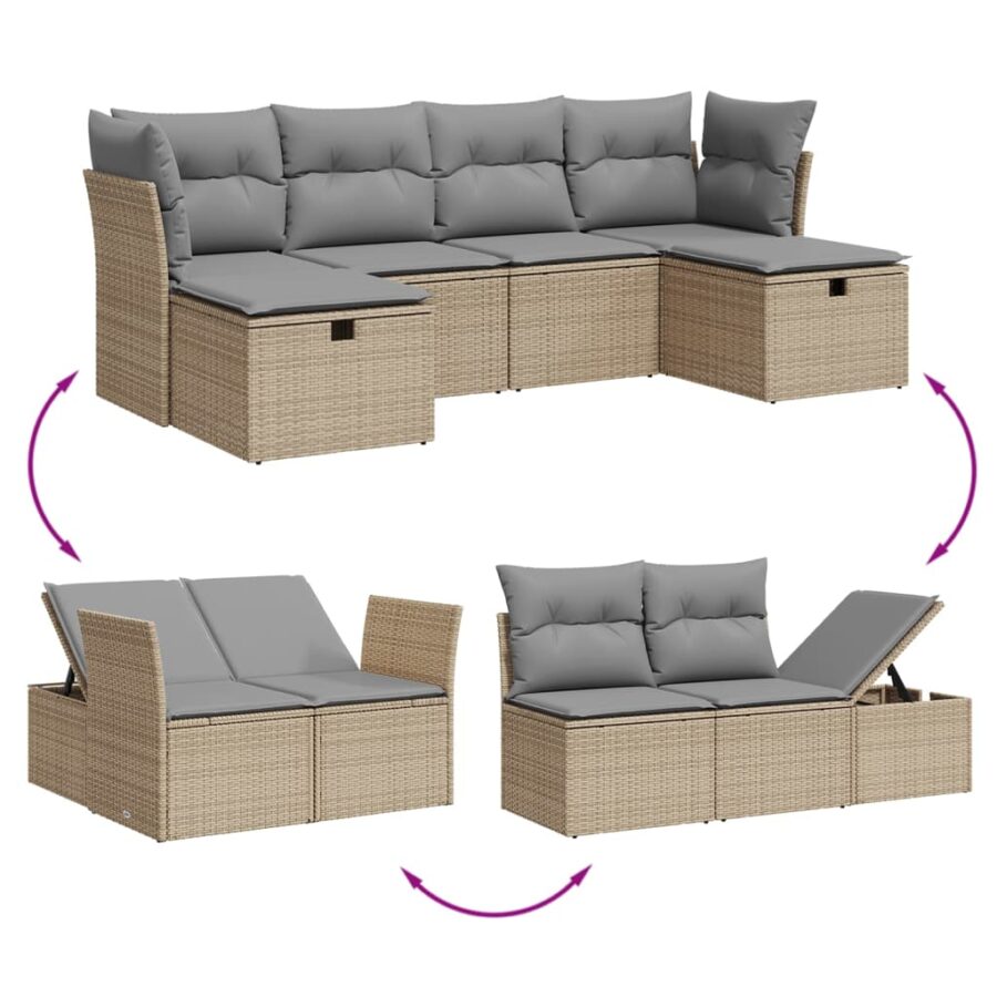 6-delige Loungeset met kussens poly rattan gemengd beige - Afbeelding 3