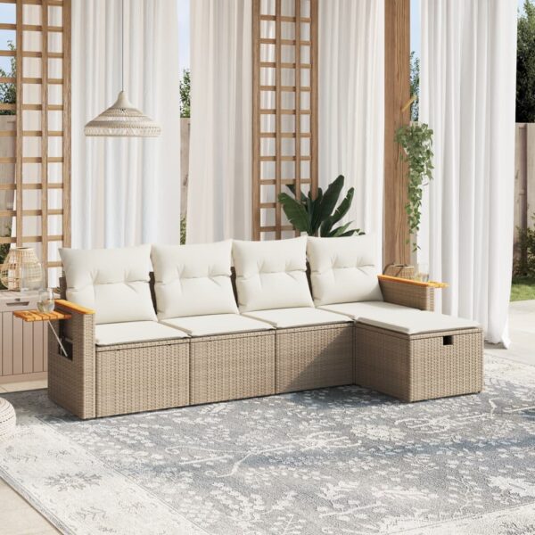 5-delige Loungeset met kussens poly rattan beige