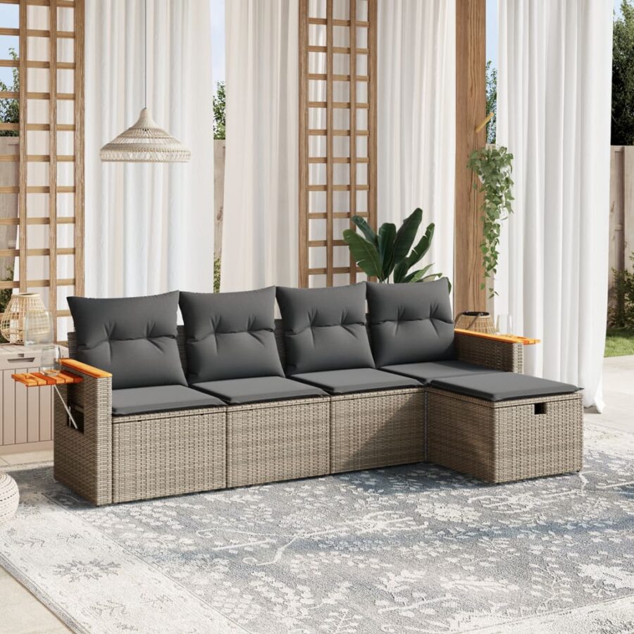 5-delige Loungeset met kussens poly rattan grijs