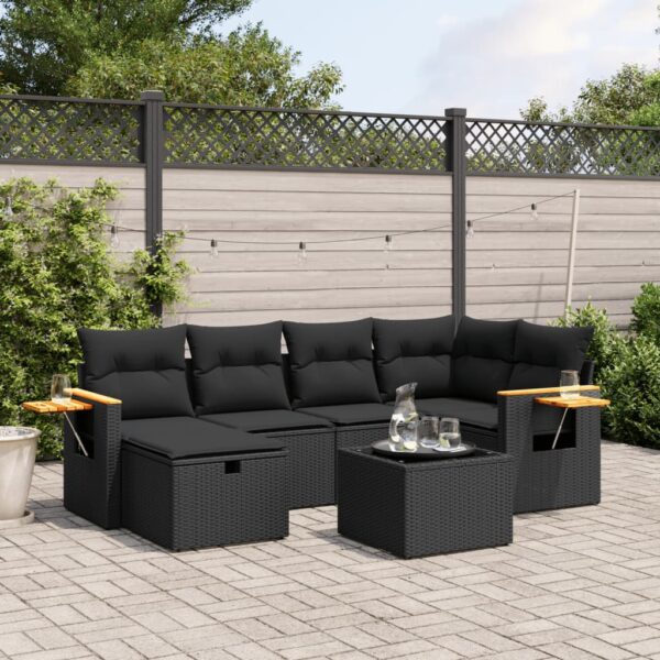 7-delige Loungeset met kussens poly rattan zwart