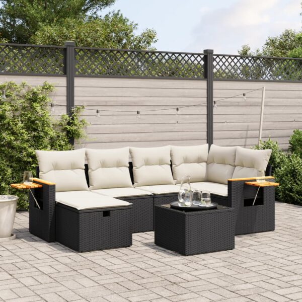 7-delige Loungeset met kussens poly rattan zwart