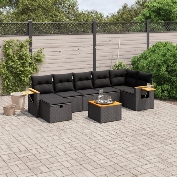 8-delige Loungeset met kussens poly rattan zwart