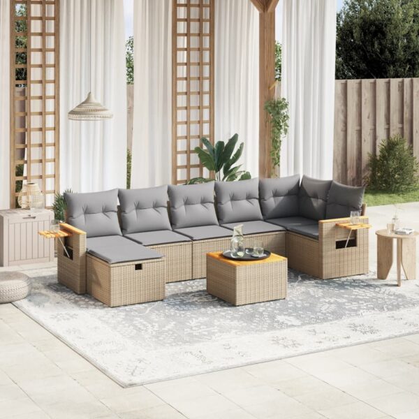 8-delige Loungeset met kussens poly rattan gemengd beige