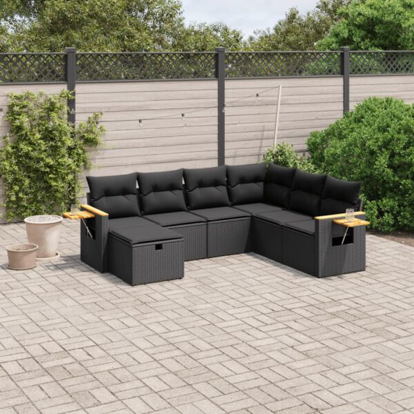 7-delige Loungeset met kussens poly rattan zwart