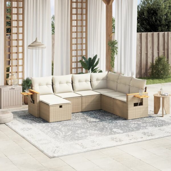 7-delige Loungeset met kussens poly rattan beige