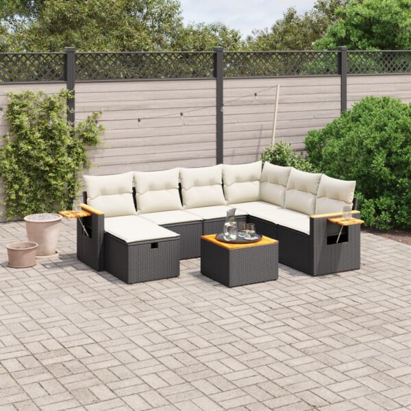 8-delige Loungeset met kussens poly rattan zwart