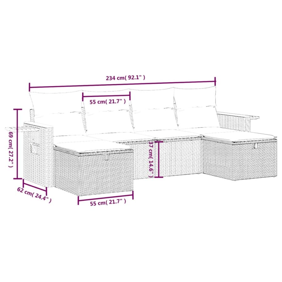 6-delige Loungeset met kussens poly rattan zwart - Afbeelding 4
