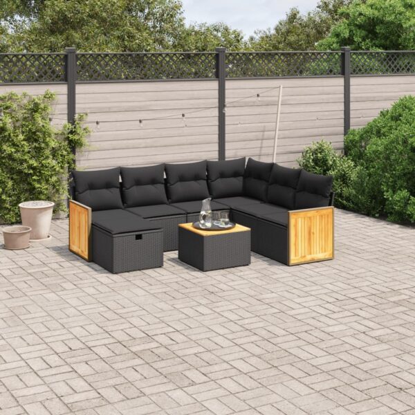 8-delige Loungeset met kussens poly rattan zwart