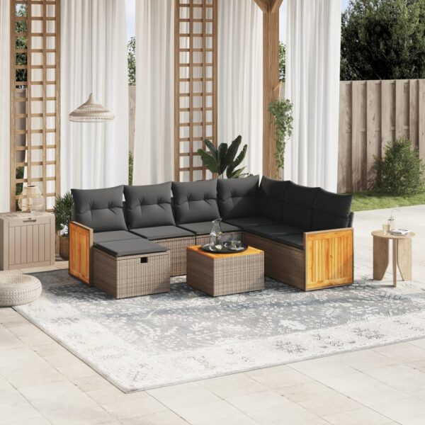 8-delige Loungeset met kussens poly rattan grijs