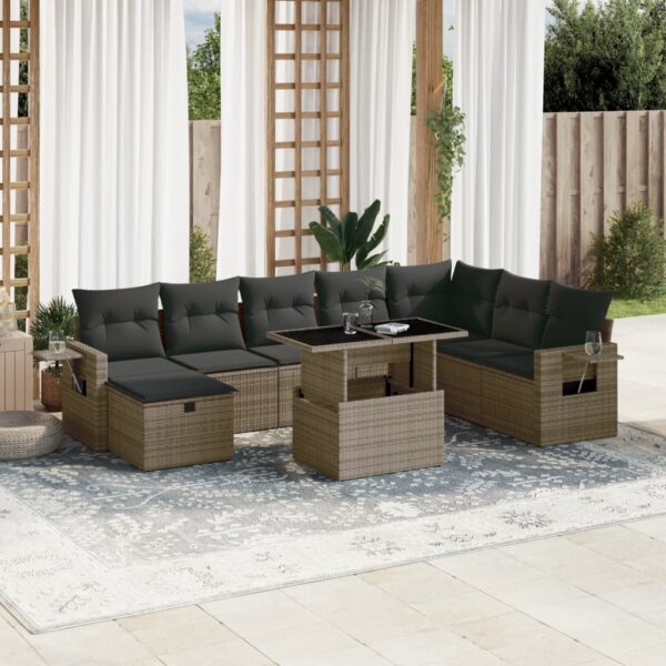 9-delige Loungeset met kussens poly rattan grijs