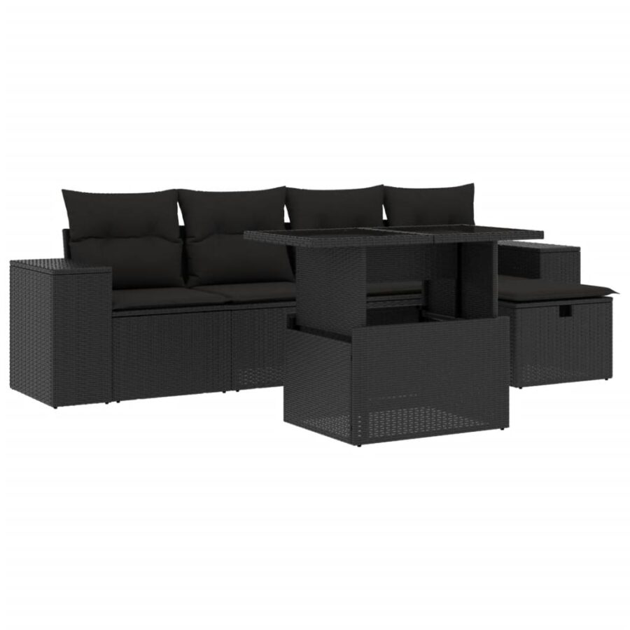 6-delige Loungeset met kussens poly rattan zwart - Afbeelding 2