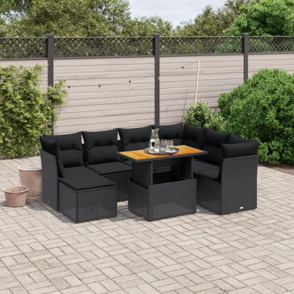 8-delige Loungeset met kussens poly rattan zwart