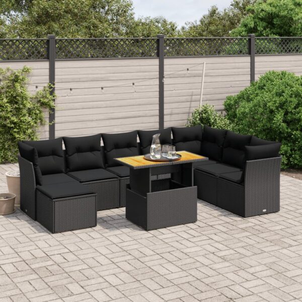 9-delige Loungeset met kussens poly rattan zwart