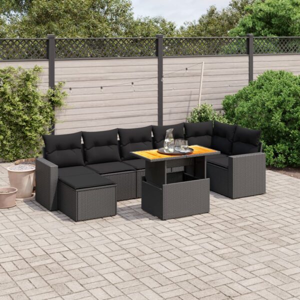 8-delige Loungeset met kussens poly rattan zwart