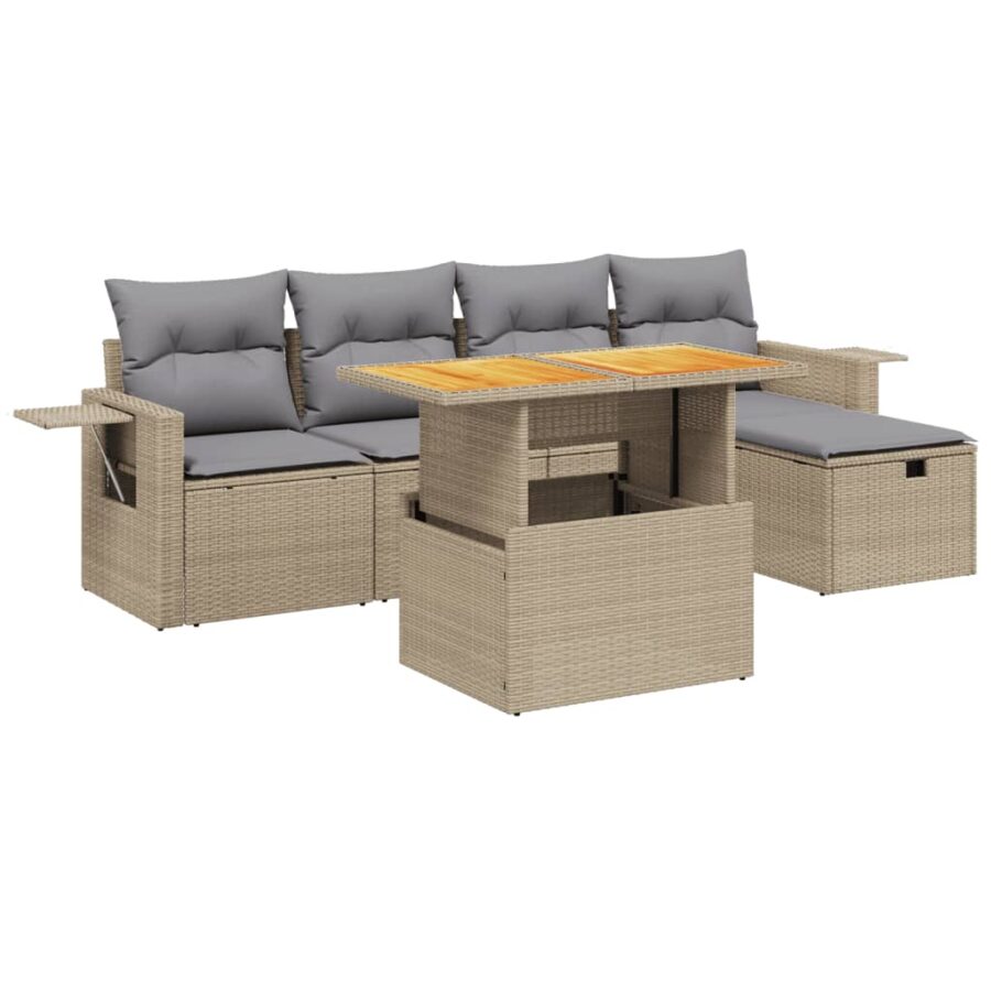 6-delige Loungeset met kussens poly rattan beige - Afbeelding 2