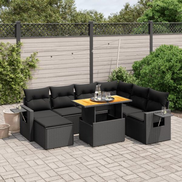 8-delige Loungeset met kussens poly rattan zwart