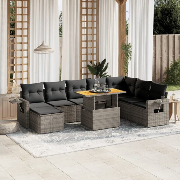 9-delige Loungeset met kussens poly rattan grijs