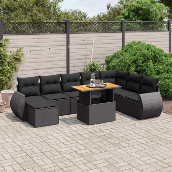 9-delige Loungeset met kussens poly rattan zwart