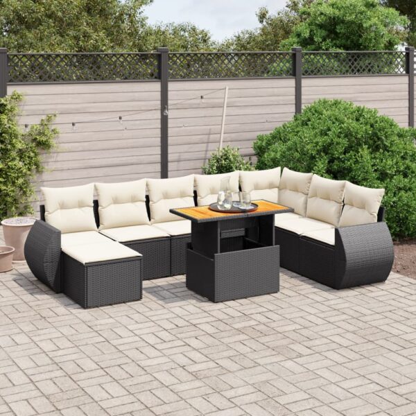 9-delige Loungeset met kussens poly rattan zwart