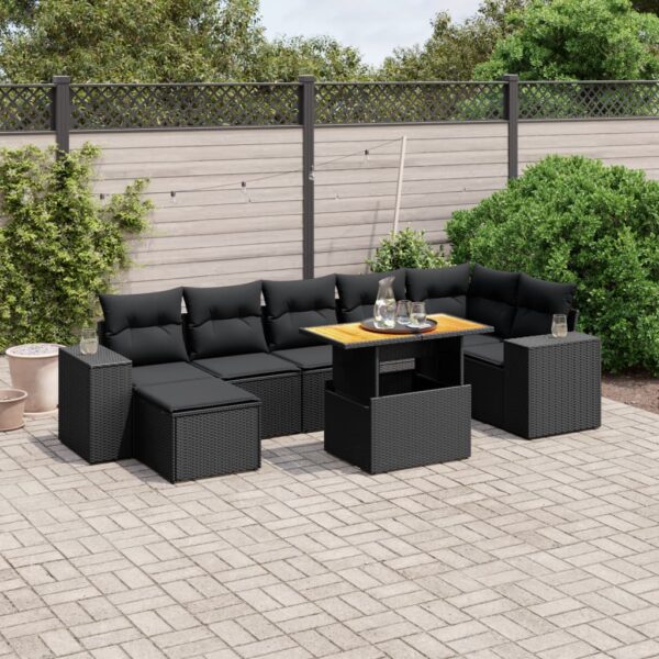 8-delige Loungeset met kussens poly rattan zwart