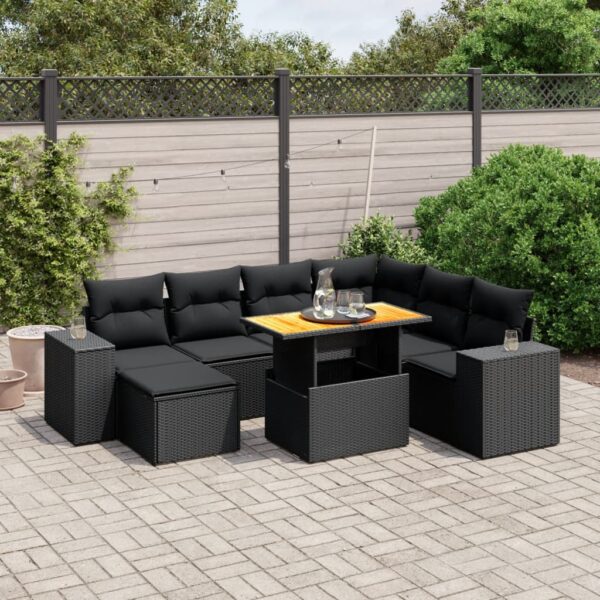 8-delige Loungeset met kussens poly rattan zwart