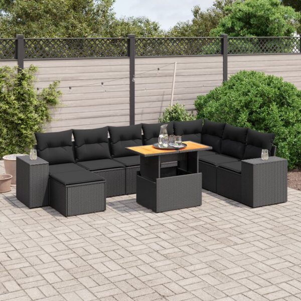 9-delige Loungeset met kussens poly rattan zwart