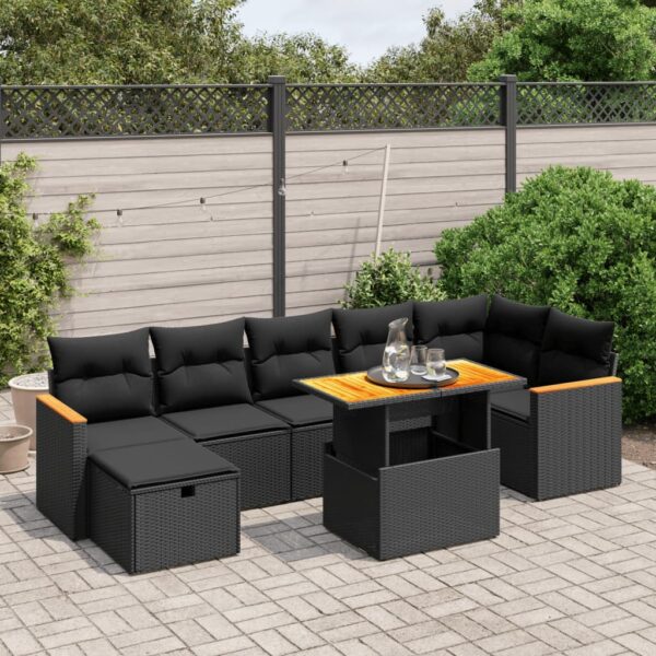 8-delige Loungeset met kussens poly rattan zwart