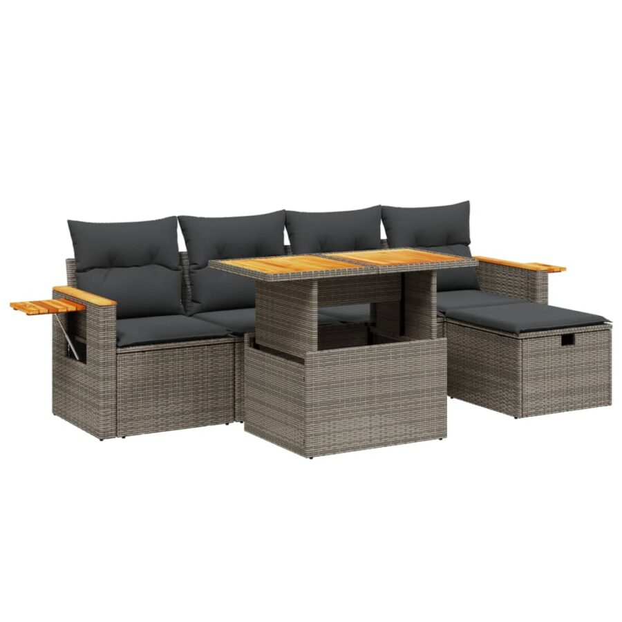6-delige Loungeset met kussens poly rattan grijs - Afbeelding 2