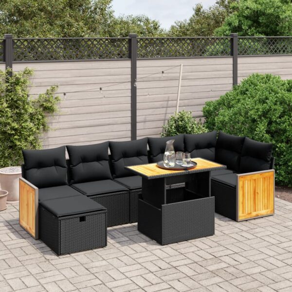 8-delige Loungeset met kussens poly rattan zwart