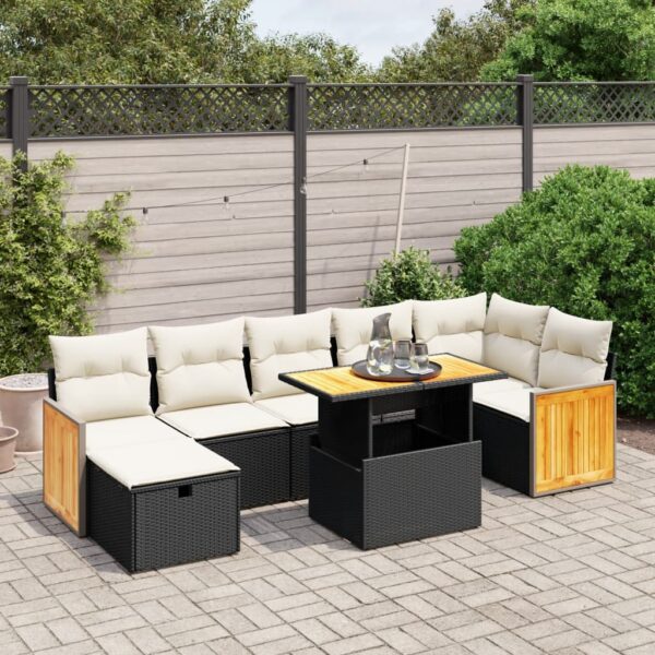 8-delige Loungeset met kussens poly rattan zwart