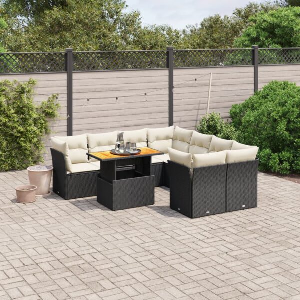 9-delige Loungeset met kussens poly rattan zwart