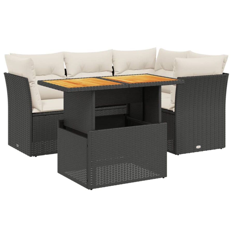 5-delige Loungeset met kussens poly rattan zwart - Afbeelding 2