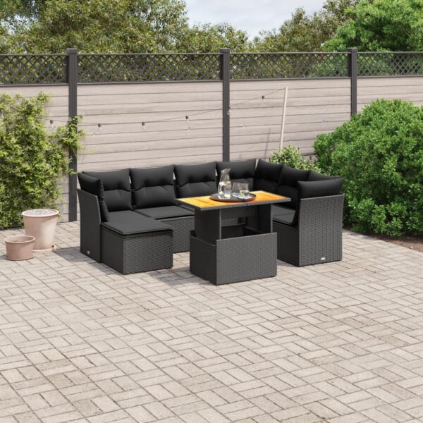 8-delige Loungeset met kussens poly rattan zwart