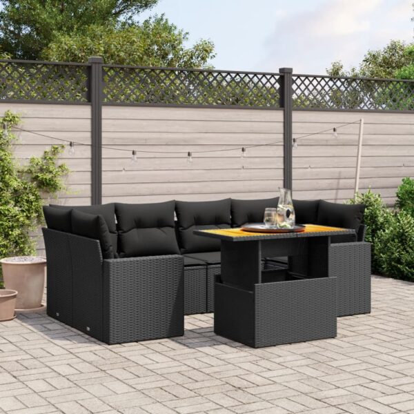 7-delige Loungeset met kussens poly rattan zwart