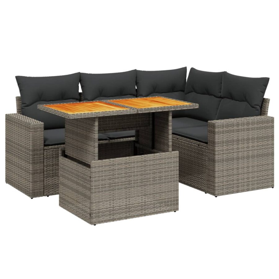 5-delige Loungeset met kussens poly rattan grijs - Afbeelding 2