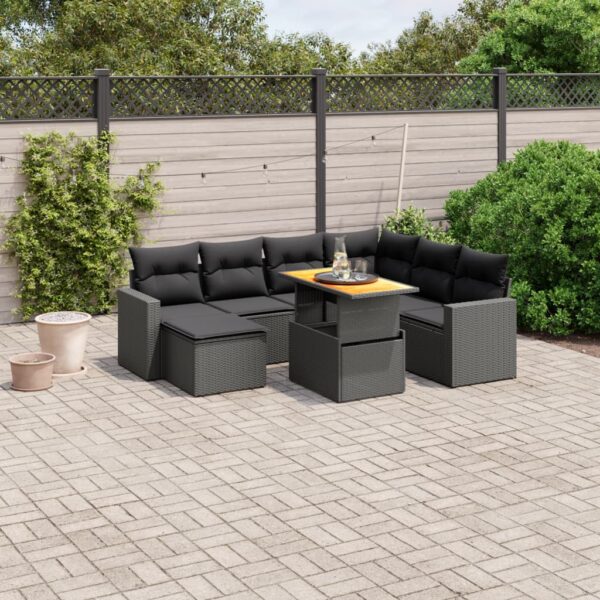 8-delige Loungeset met kussens poly rattan zwart